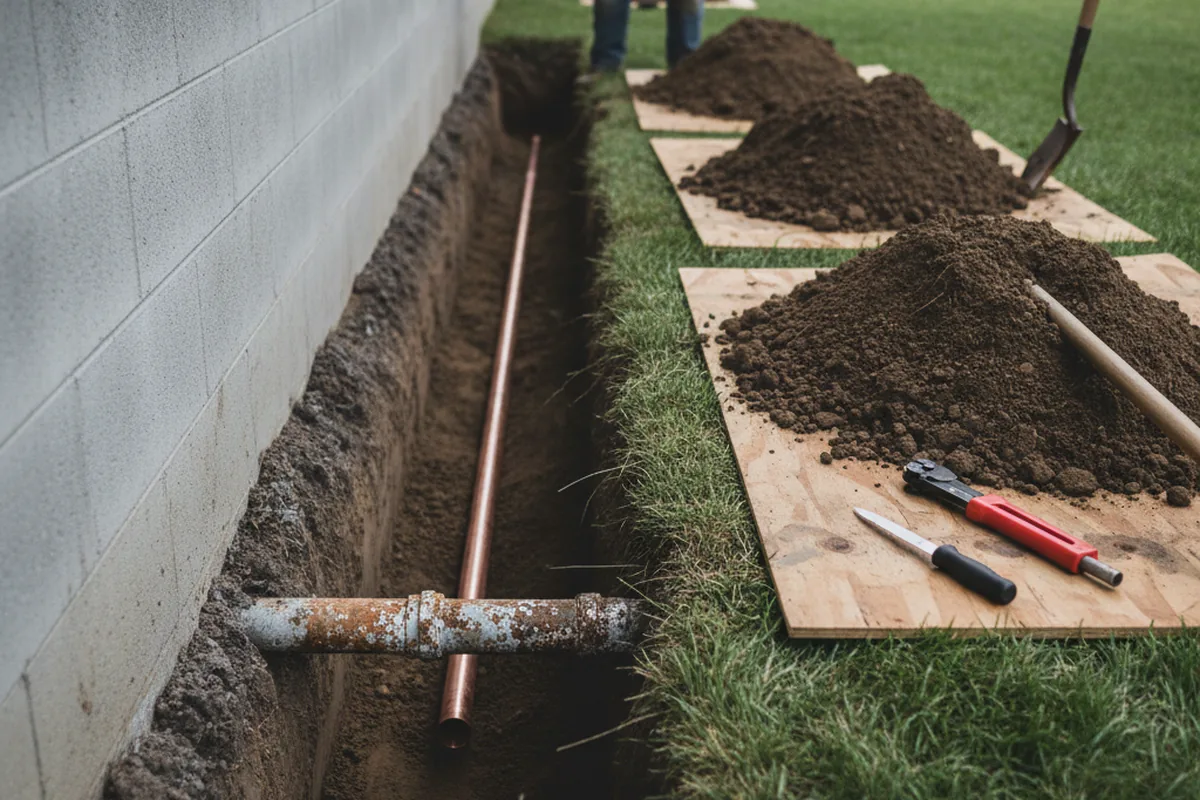 Excavated water line trench during Sewer Line Repair in Rapid City